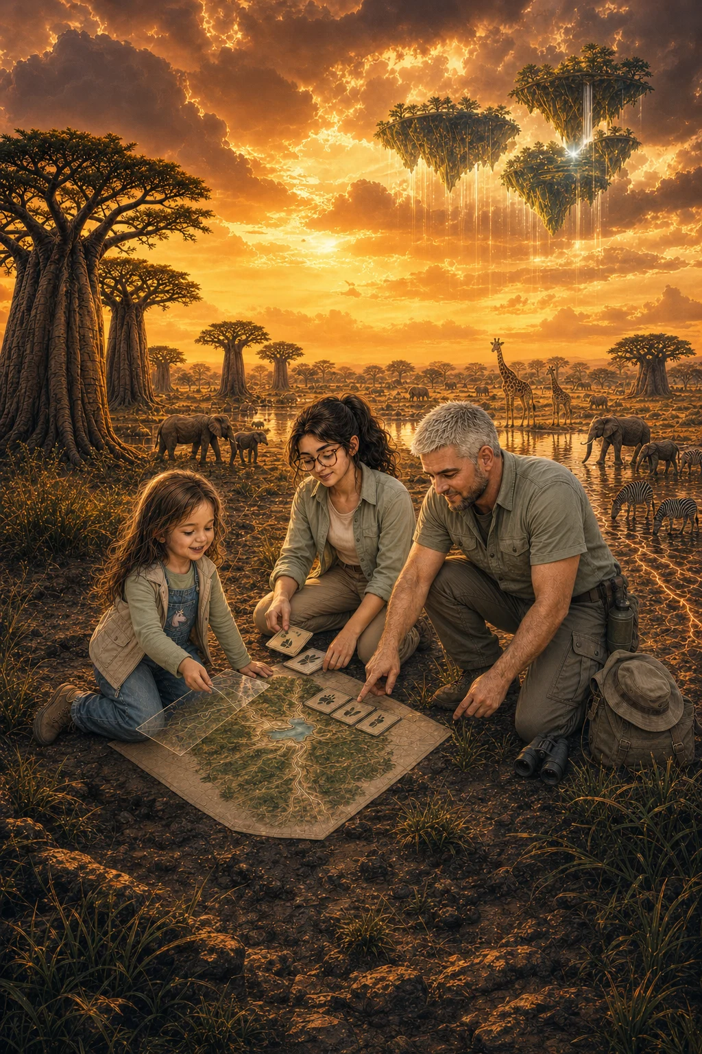 Characters explore a colourful imagined habitat with animals native to the continent. Africa.