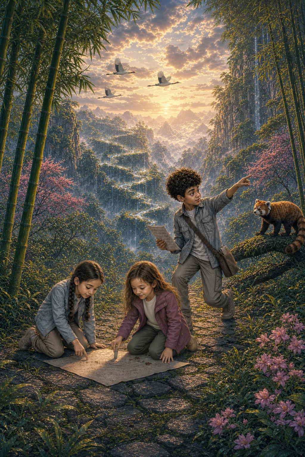 Characters explore a colourful imagined habitat with animals native to the continent. Asia.