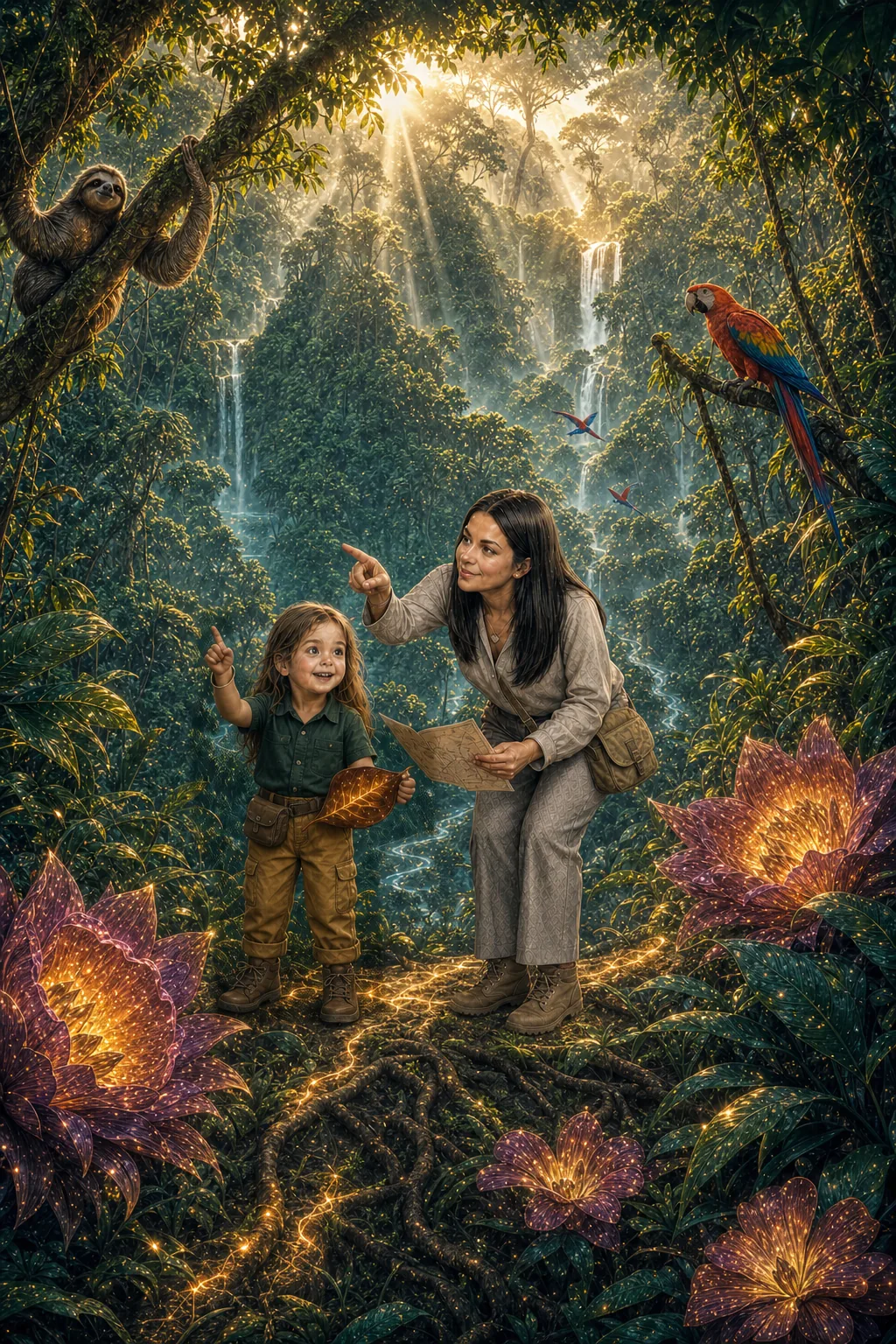 Characters explore a colourful imagined habitat with animals native to the continent. South America.