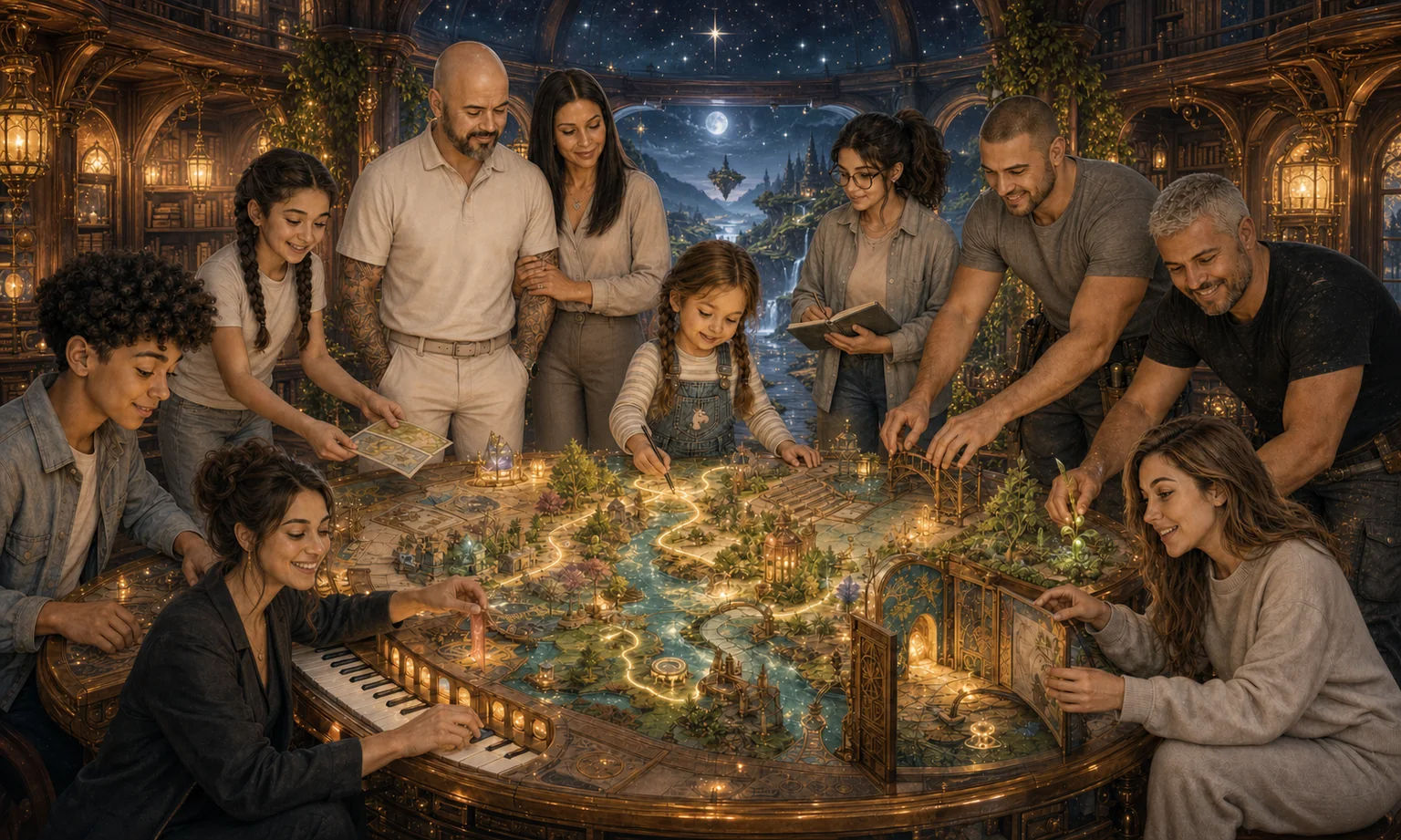 Children and adults build a glowing miniature world around a large round table in a warm enchanted library.