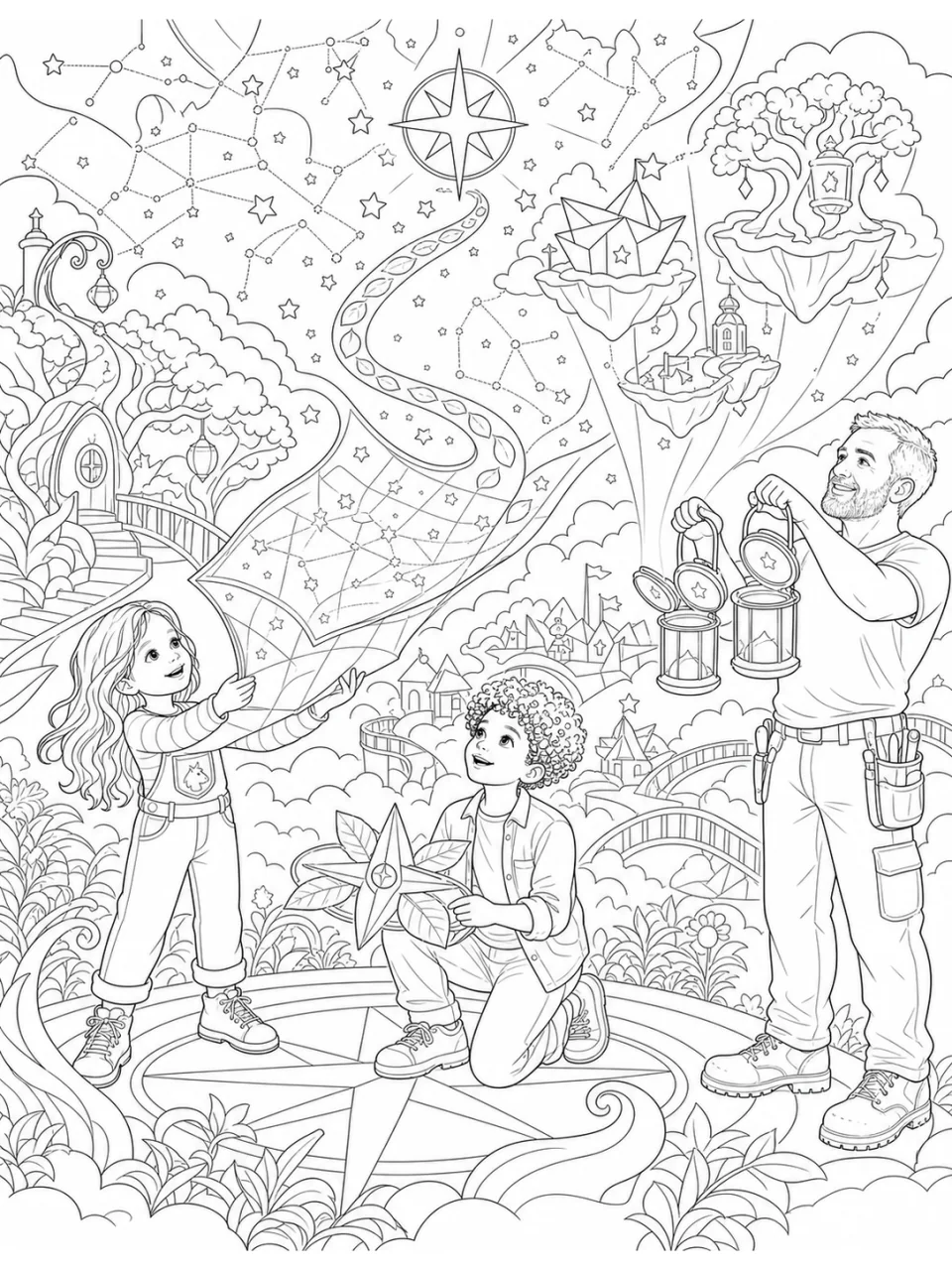 Una página detallada para colorear donde un mapa estelar conecta los mundos mágicos de Halloween.