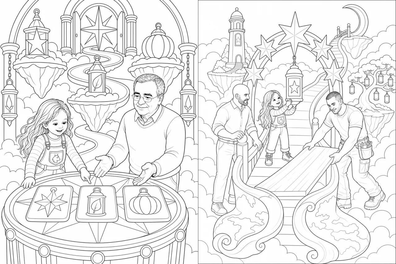 Dos páginas detalladas para colorear de Amelia's Magical Halloween, con una mesa de pistas y un gran puente de faroles.