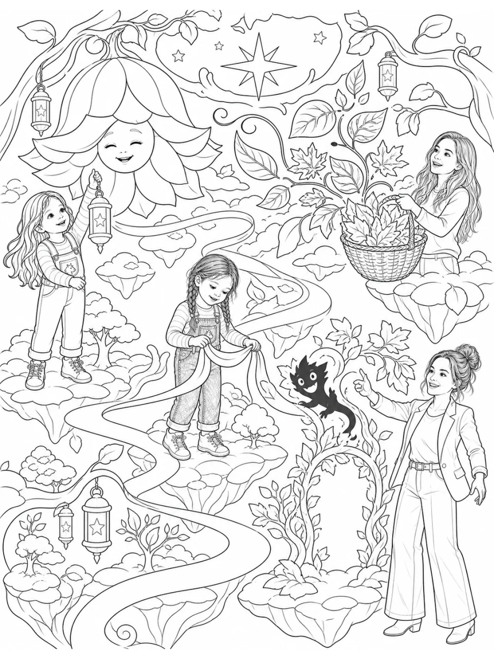 Una página detallada para colorear ambientada en un jardín viviente y flotante, lleno de faroles, hojas y criaturas amistosas.