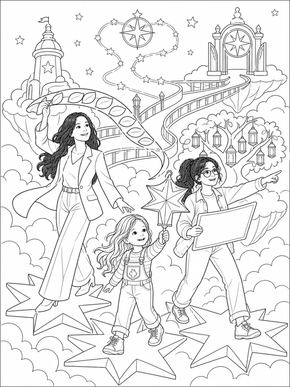 Una página detallada para colorear donde Amelia y sus amigos ensayan un desfile por un camino de estrellas.