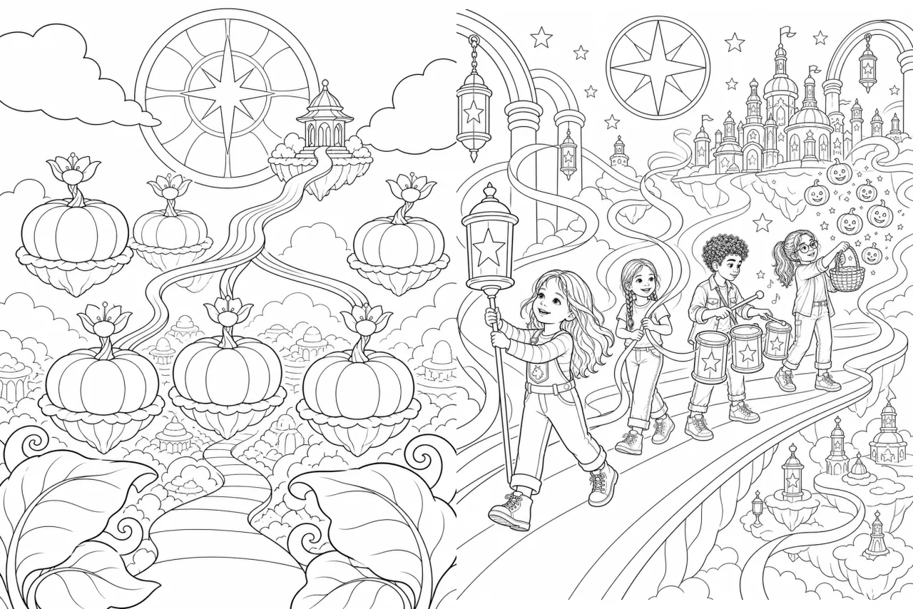Dos páginas detalladas para colorear de Amelia's Magical Halloween, con un jardín de faroles de calabaza y el desfile de Northlight.