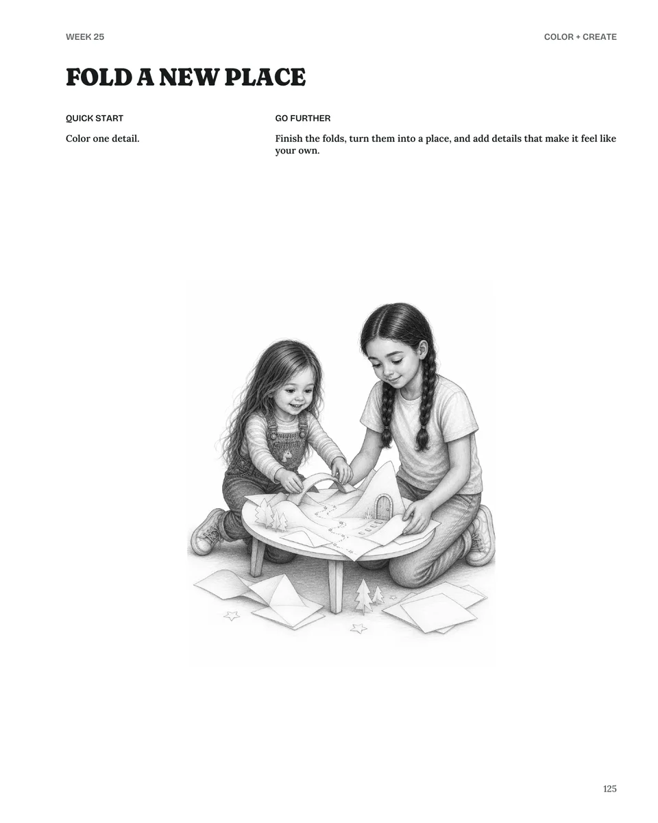An interior page from My Starting Point showing Amelia and a friend building a new paper world.
