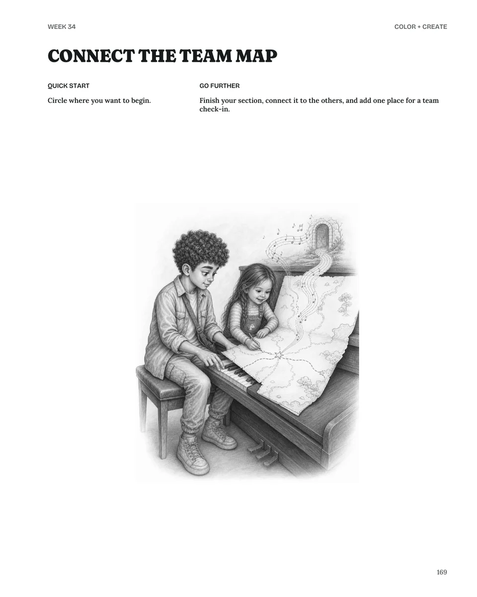 An interior page from My Starting Point showing Amelia and a friend joining the pieces of a map spread across a piano.