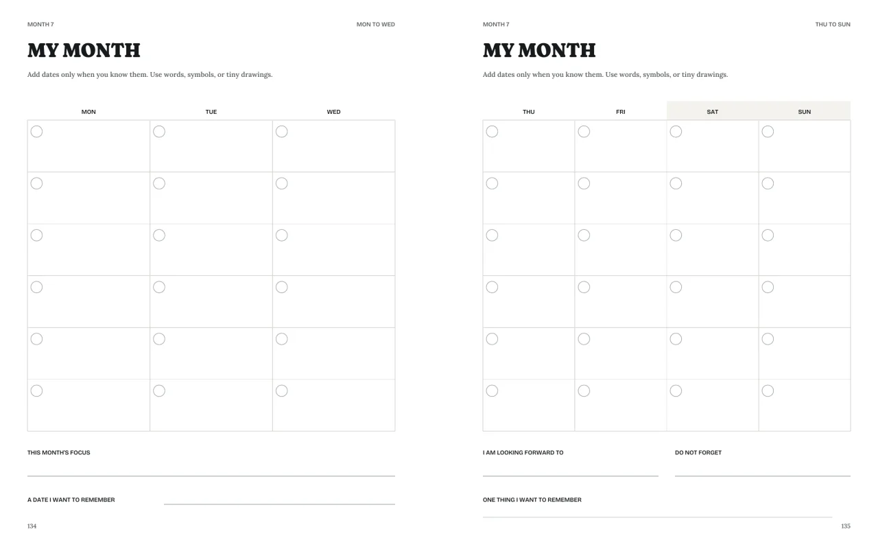 A two-page My Starting Point monthly view with room for dates, one goal and important notes.
