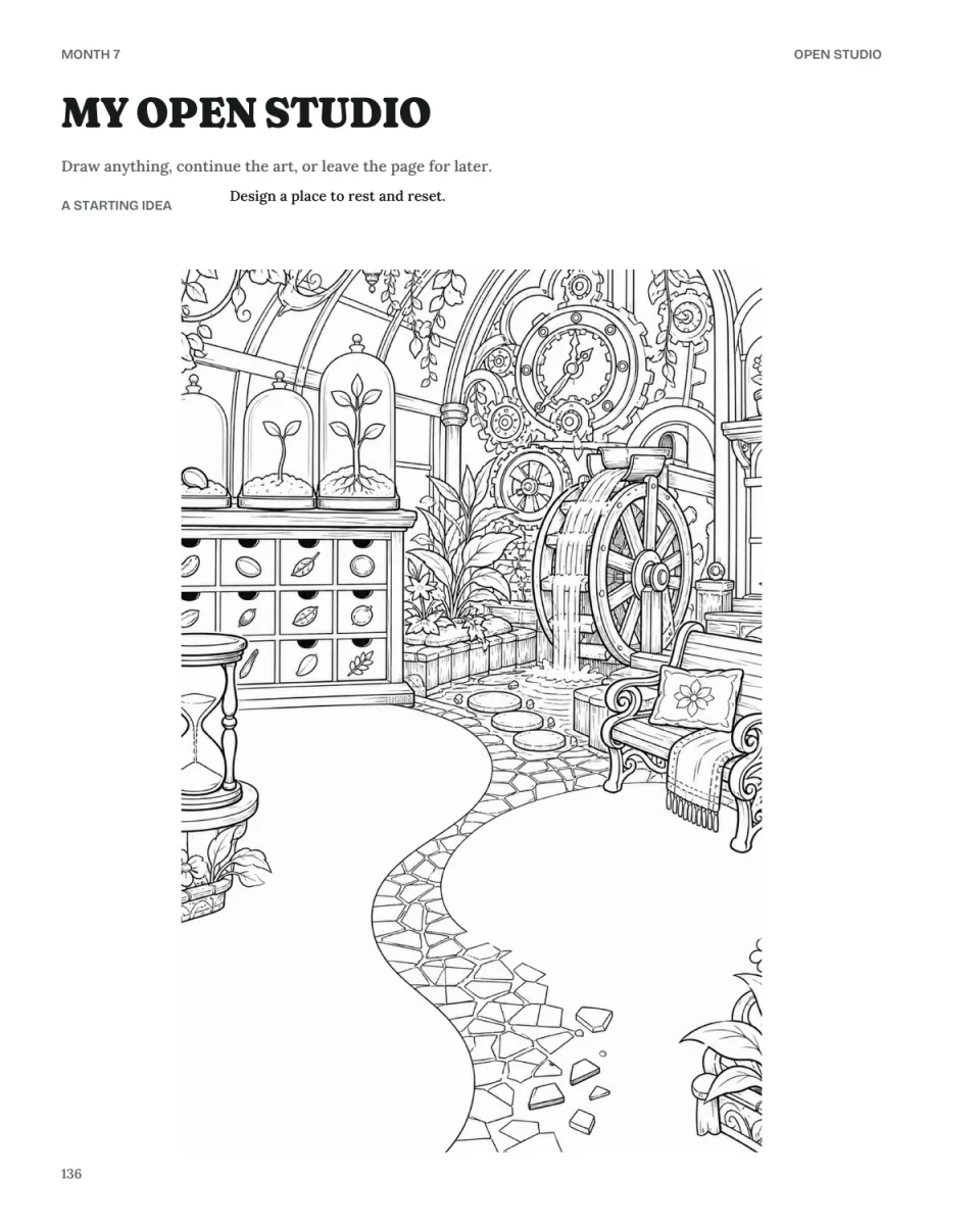 An illustrated My Starting Point open studio page with space to draw and continue the scene.