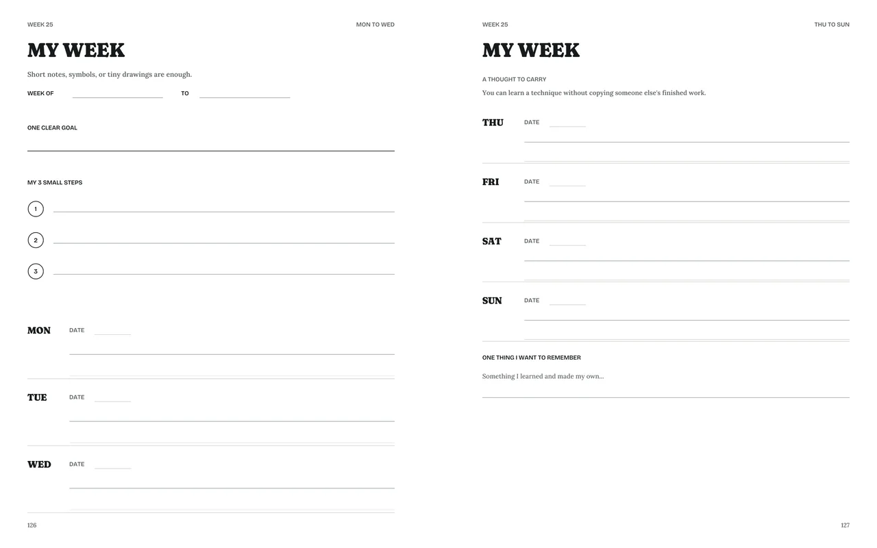A two-page My Starting Point weekly plan with one goal, three small steps and seven days to organize.