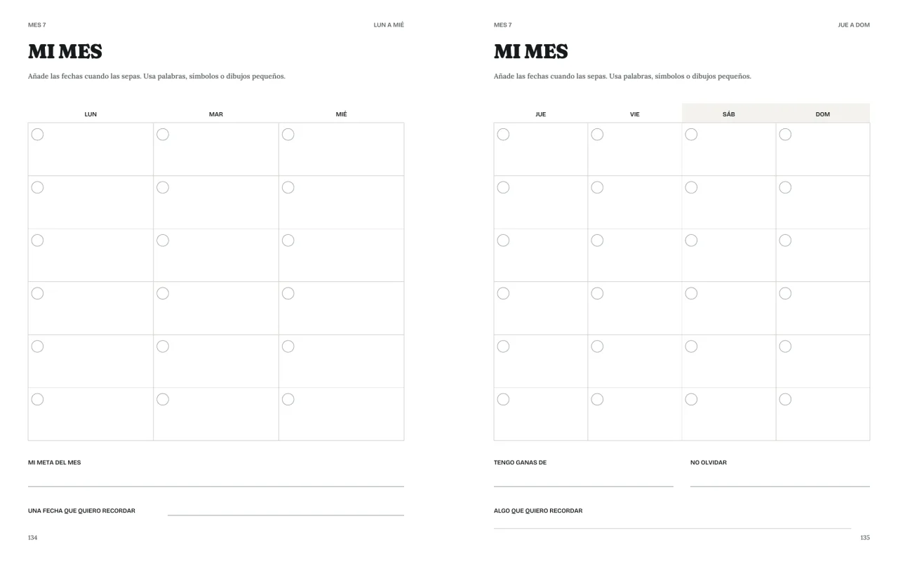 Vista mensual de dos páginas de Mi punto de partida con espacio para fechas, una meta y notas importantes.
