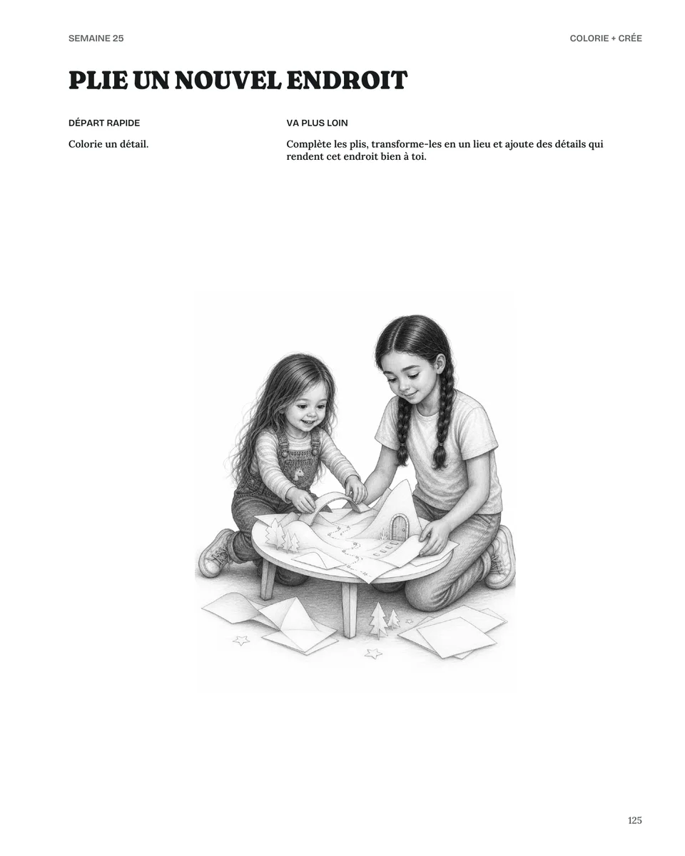 Page intérieure de Mon point de départ montrant Amelia et une amie qui construisent un nouveau décor avec du papier.