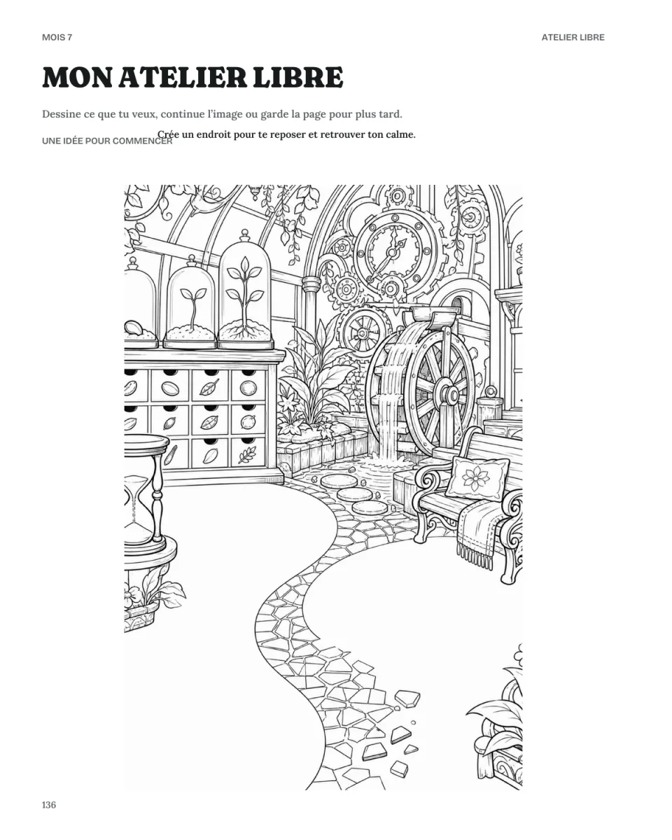 Page d’atelier libre illustrée de Mon point de départ avec de l’espace pour dessiner et prolonger la scène.