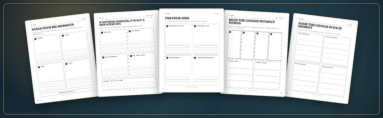 Cinco páginas guiadas de la edición en inglés The Four-Scene Story Studio para decidir qué ocurre en las cuatro escenas.