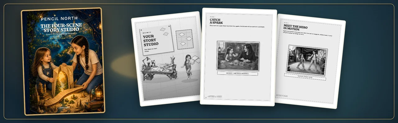 Portada de la edición en inglés The Four-Scene Story Studio junto a las primeras páginas guiadas para encontrar una idea.