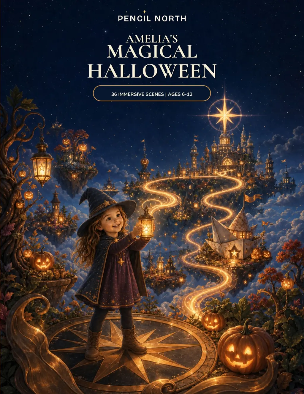 Portada de Amelia's Magical Halloween, una detallada aventura para colorear en un alegre mundo encantado de Halloween.