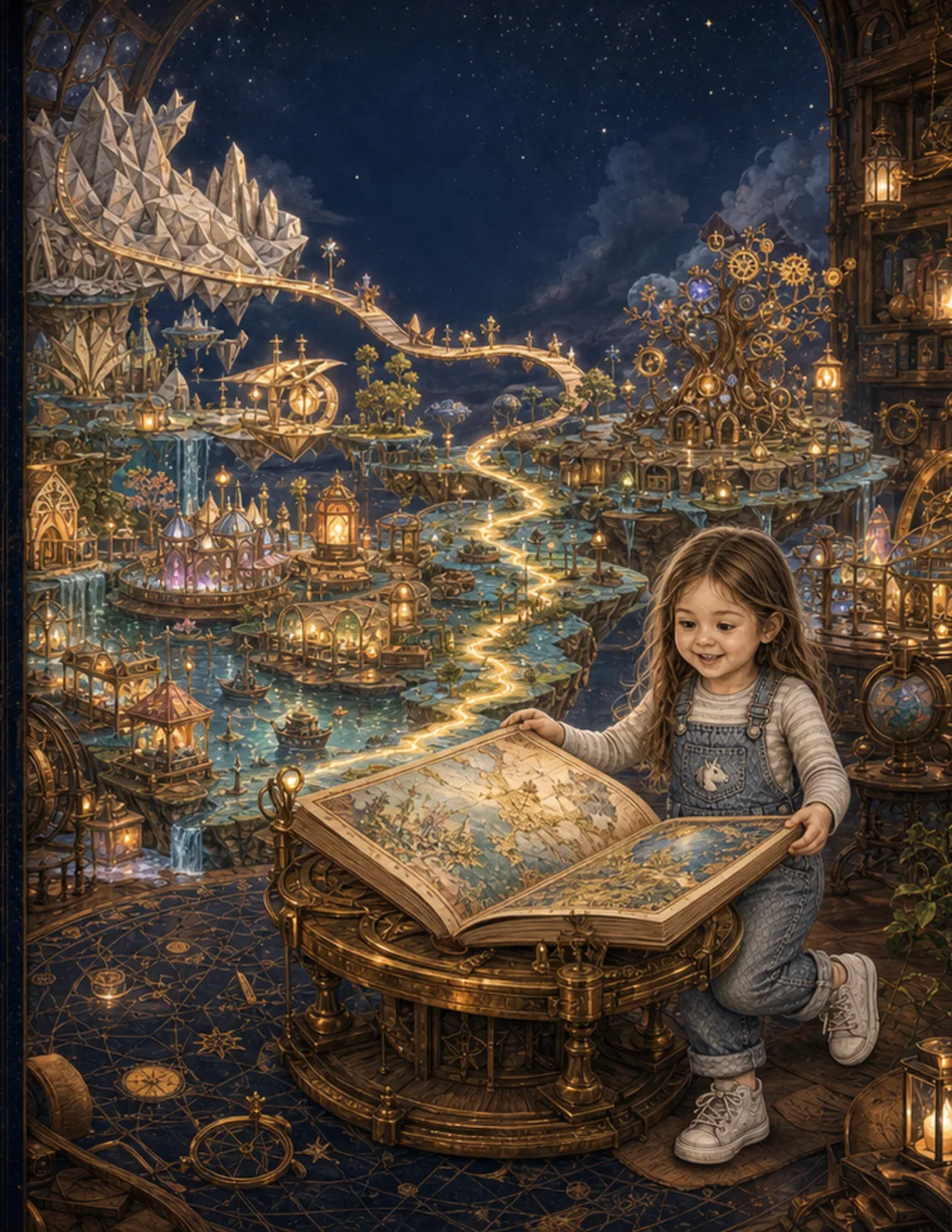 Portada de The Lost Northline, con Amelia junto a un atlas viviente que se abre hacia ocho territorios fantásticos.