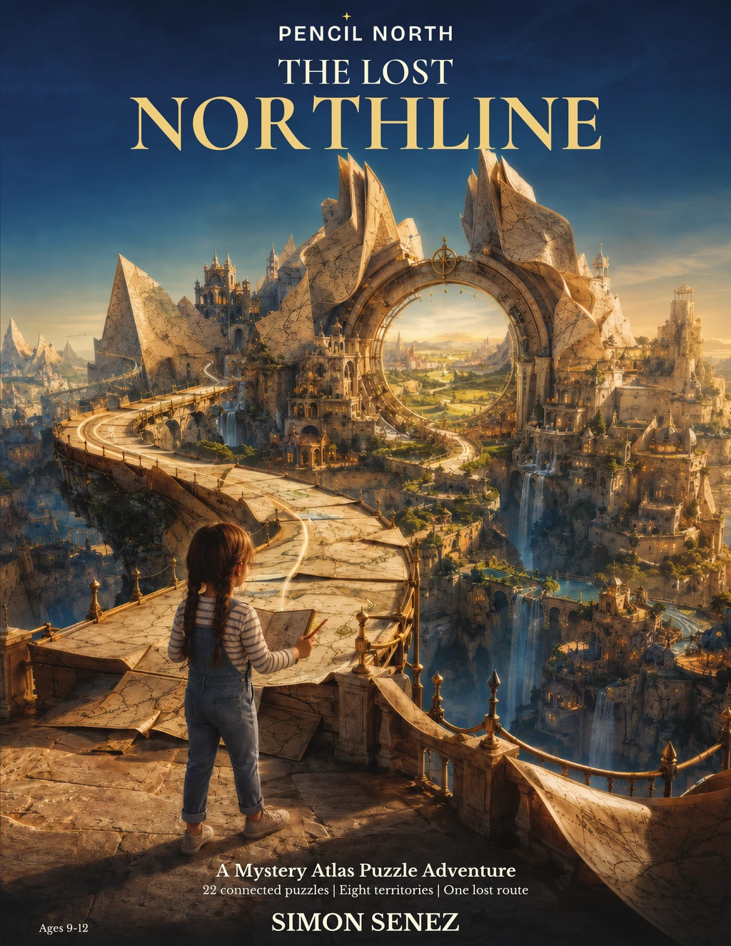 Cover of The Lost Northline, showing Amelia beside a living atlas that opens onto eight fantastical territories.