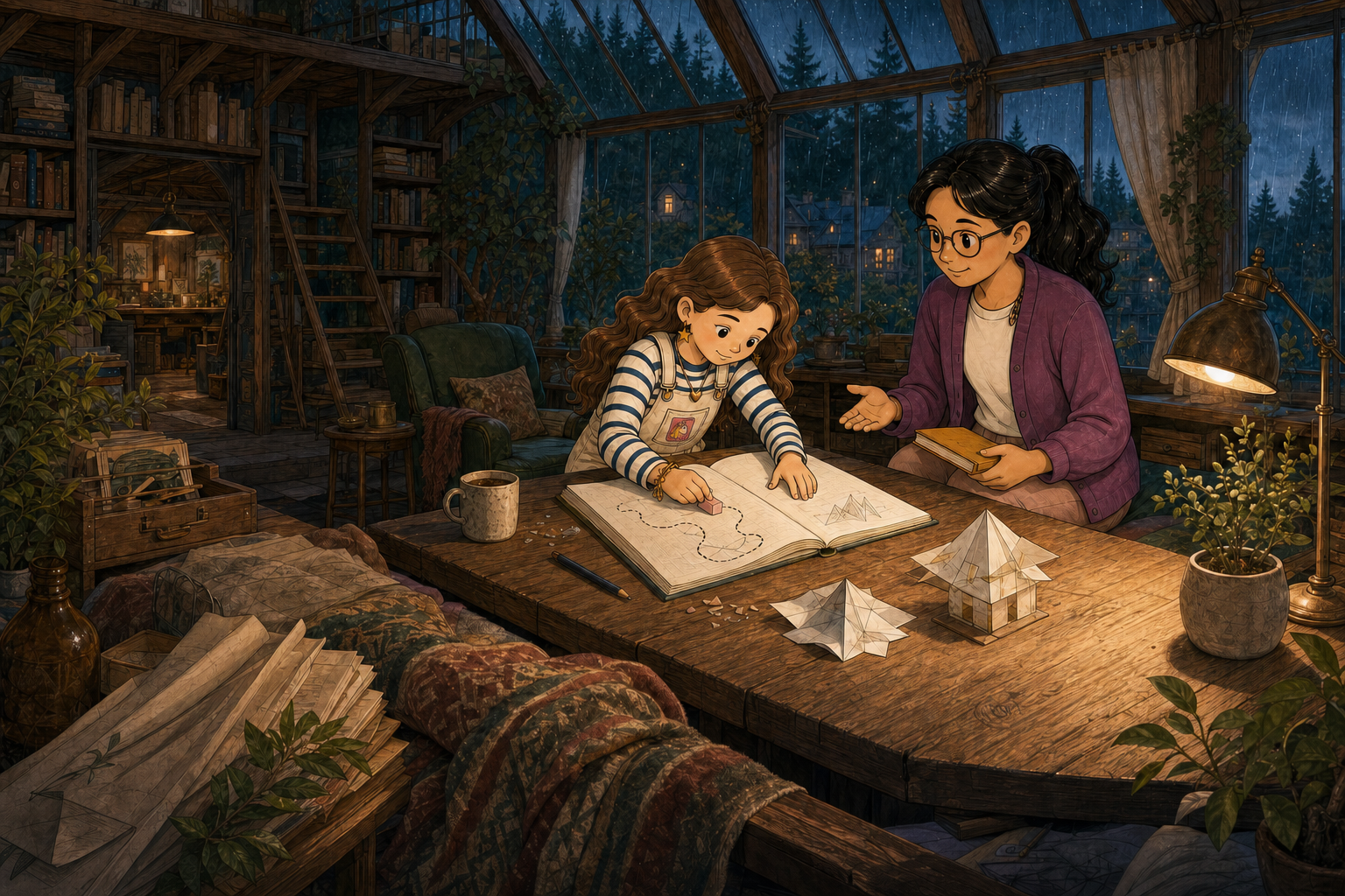 Amelia draws a new route beside a faint earlier attempt while a young adult listens with an open hand.