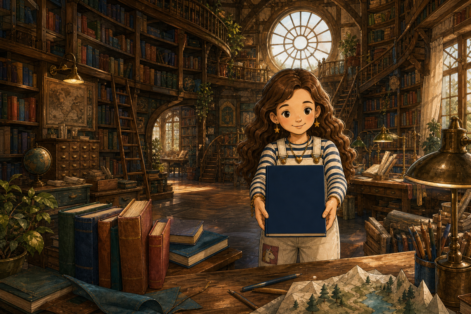 Amelia holds out a book inside a vast warm library filled with shelves and reading tables.