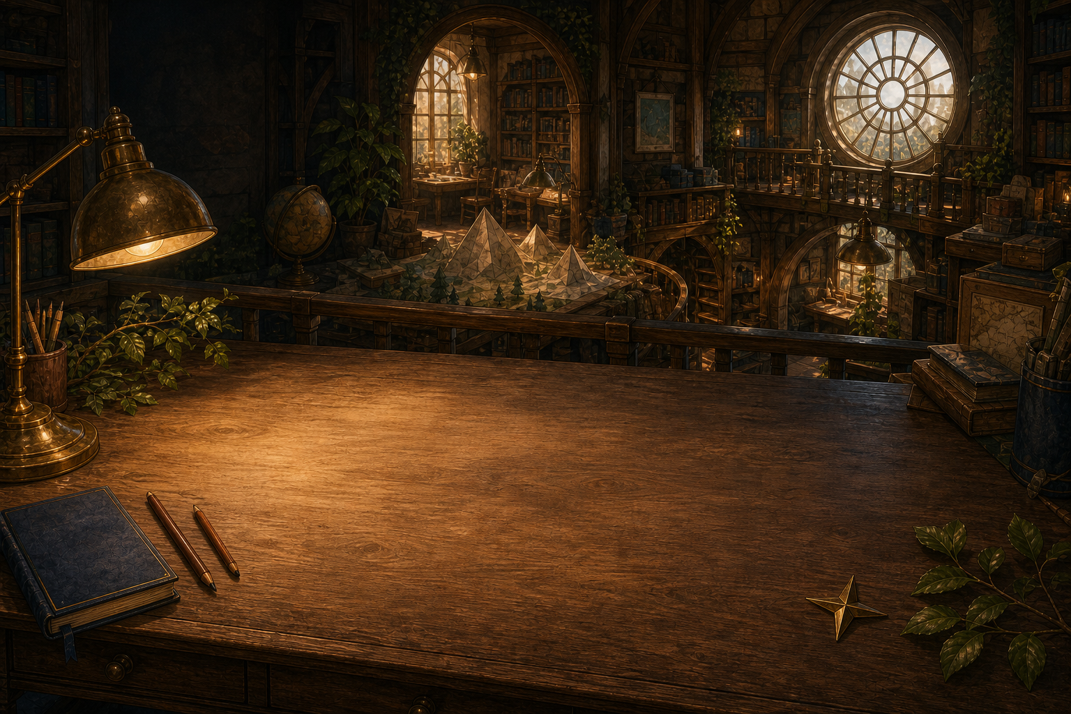 A warm wooden table overlooks the map room inside the PENCIL NORTH library.