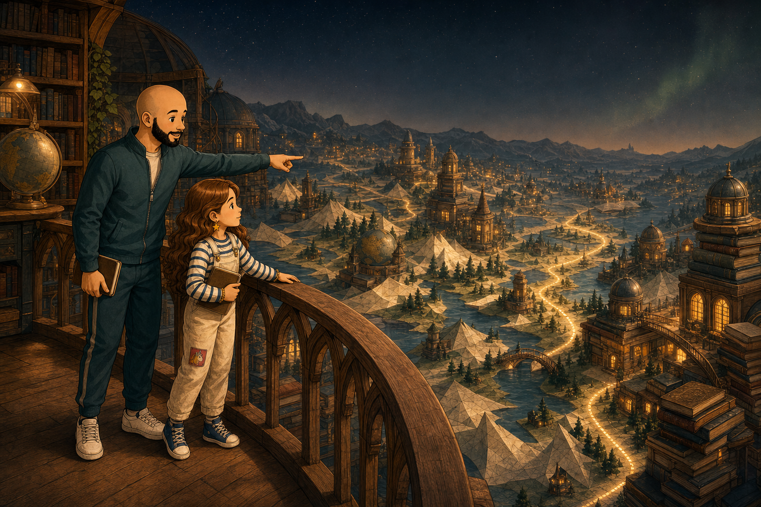 Simon, Amelia's dad, points toward a glowing path through a vast paper world of libraries and observatories.