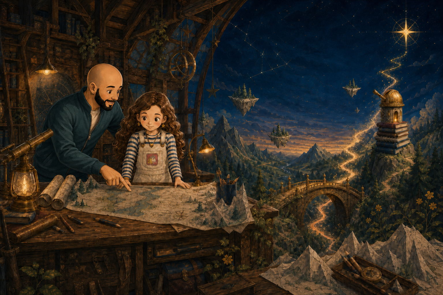 Simon points to a place on the map beside Amelia, while a glowing path winds through paper mountains toward an observatory.