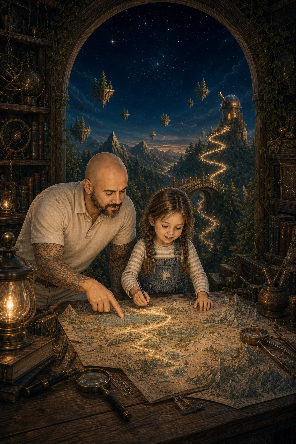 Una niña y un adulto siguen un camino de papel luminoso hacia un observatorio lejano.