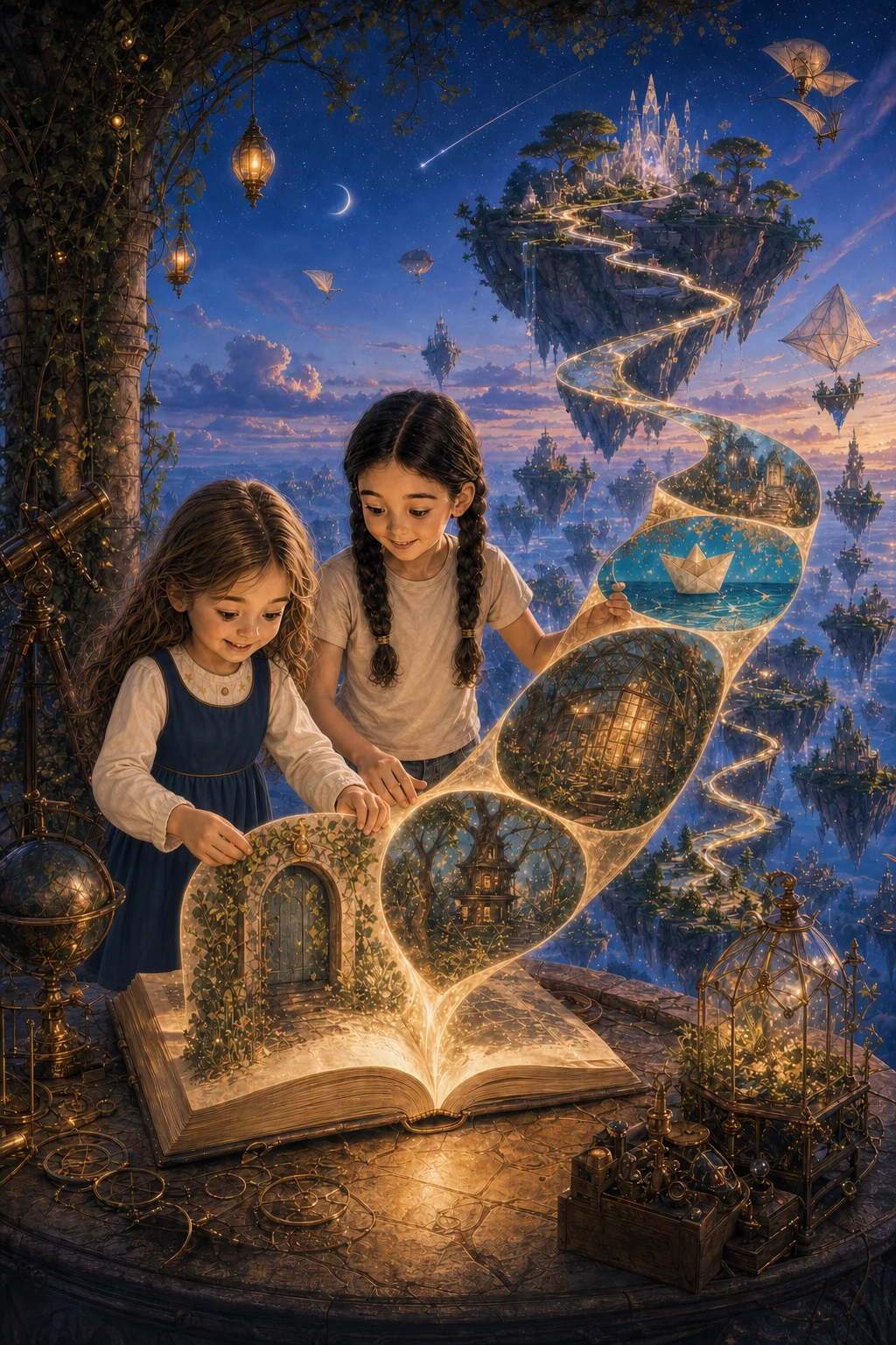 Dos niñas abren un libro ilustrado que revela un gran archipiélago de islas flotantes y caminos luminosos.